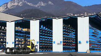 Cantilever racking with roof, rack-clad warehouse