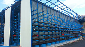 cantilever racking with roof and wall cladding